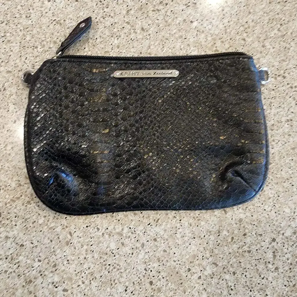 Kathy Van Zeeland Black Faux Snake Embossed Zippered Pouch Clutch
